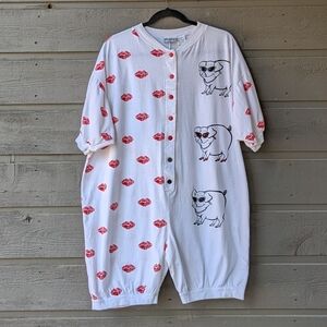 VTG 80s Printemps Pigs & Kisses Shorts Onesie Pajama White Red Unisex Medium